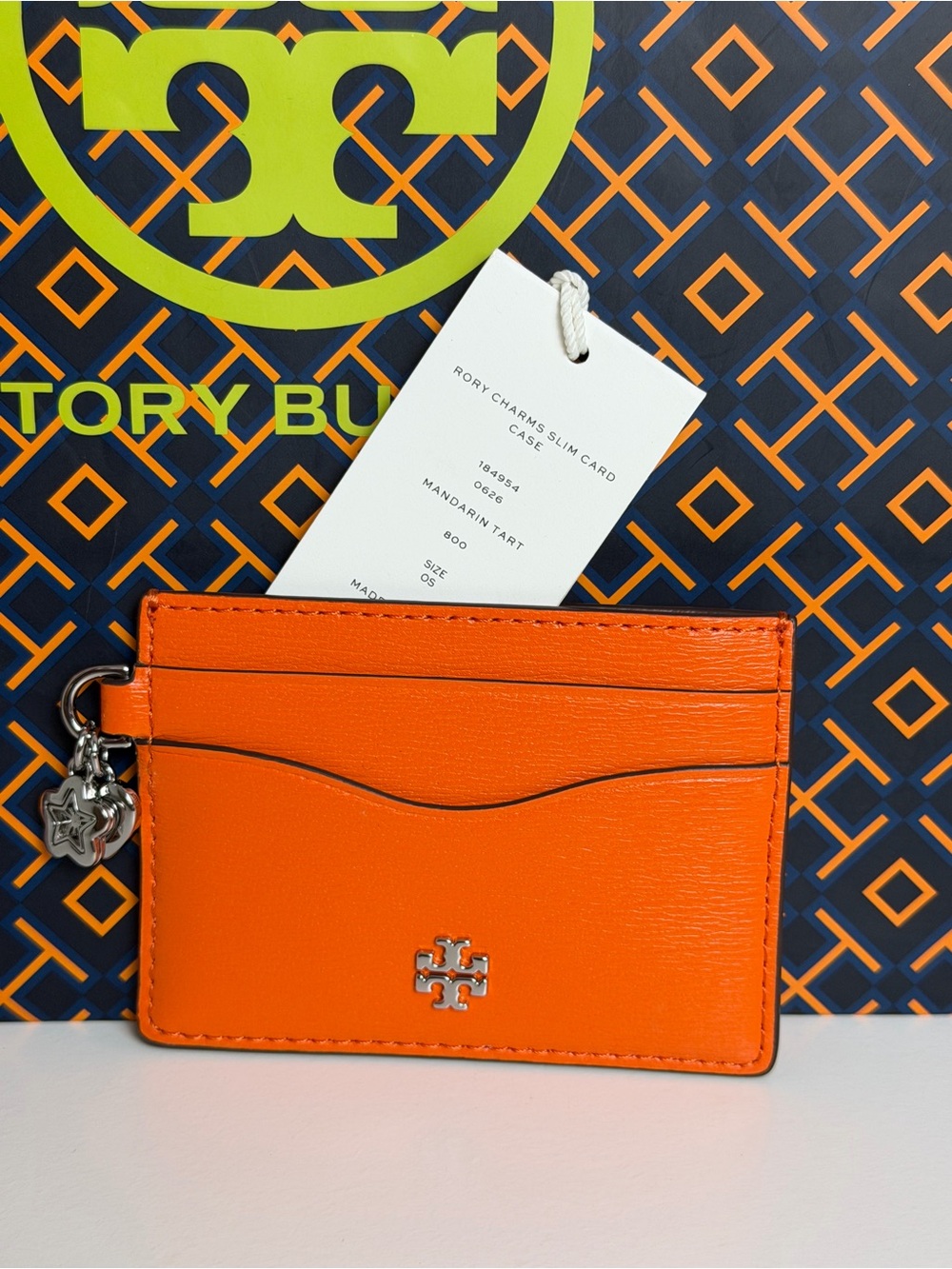 Tory Burch Mandarin Orange Leather Card Case with Charm